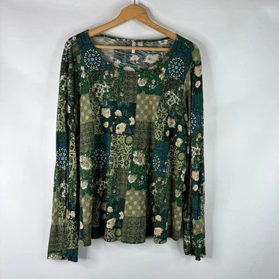 CATO женщин блузка верхний размер 3 X зеленый цветной блок цветочный декольте длинным рукавом - Изображение 1 из 4