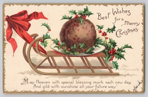 1909 Clapsaddle Weihnachts Postkarte Stechpalme Pudding Schlitten rotes Band - Bild 1 von 3