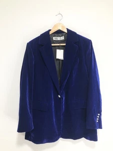 Zara Blue Velvet Oversized Blazer Size Large Rhinestone Buttons Christmas Party - Picture 1 of 10