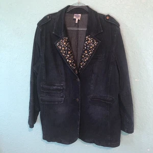 DG2 Diane Gilman Black Denim Blazer Jacket Size 2X Strass Bejeweled Studded - Bild 1 von 12