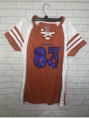 Camiseta de fútbol americano Mejestic Denver Broncos #83 Wes Welker para mujer talla S lentejuelas anaranjadas Foto 1 de 4