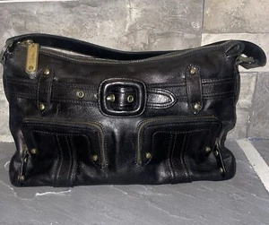 Cole Haan Saddle Black Leather Satchel Belted Studded Preppy Handbag - Picture 1 of 16