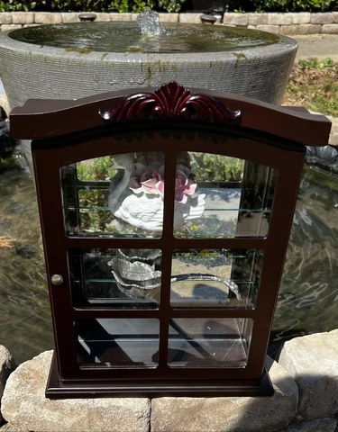 Cherry Wooden Display Cabinet w/2 Glass Shelves and Back Mirror Display Cabinet Cover