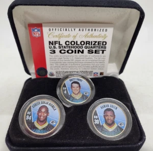 NFL Colorized US Statehood Quarters 3 Coin Set In Box COA Favre, Green, Biamila - Picture 1 of 8