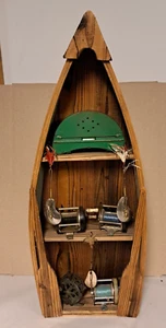 Cedar Canoe Wall Shelf With Vintage Lures, Reels, Bait Holders - Picture 1 of 6