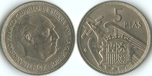 Spain 1957 (1958) 5 Pesetas KM# 786 Cu-Ni Kingdom Francisco Franco Eagle Crown - Picture 1 of 3