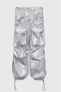 Zara Damen Große L Silber Glänzende Cargo Hose Metallic Fallschirm Baggy Jogger - Bild 1 von 14