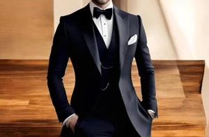 Men's Black Formal Suit – Peak Lapel Wedding Tuxedo & Stylish Party Wear Fashion - Picture 1 of 3
