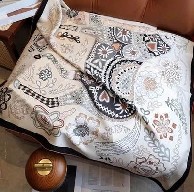 18 cachecol Momme sarja 100% seda envoltório floral cavalo xale dupla face 35" branco - Imagem 1 de 4