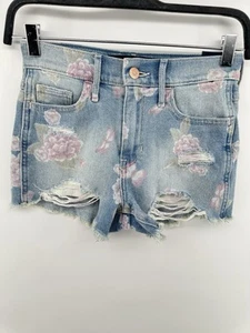 Hollister Floral Denim Cutoff Jean Short Shorts Size 00 23 High Rise Distressed - Picture 1 of 3