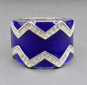 Sterling Silber 925 breiter Bandring Gr. 6 blaue Emaille & Zickzack Diamant Akzente - Bild 1 von 9