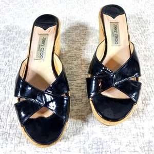Jimmy Choo Black Patent Leather Espadrille Wedges Sz 41 - Picture 1 of 6