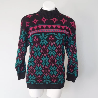 Suéter Esquí Rosa y Verde Vintage Años 80 Marca Copo de Nieve, M Foto 1 de 4