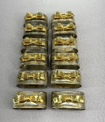 Napkin Rings Set of 12 Silver Plated Oval Gold Tone Bows VTG Tableware Timeless - Image 1 of 4