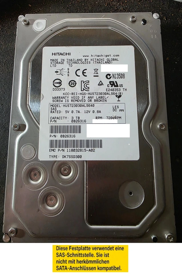 Hitachi HGST 3TB SAS 6G HUS723030ALS640 7200U/min 64MB 3.5" - Bild 1 von 1