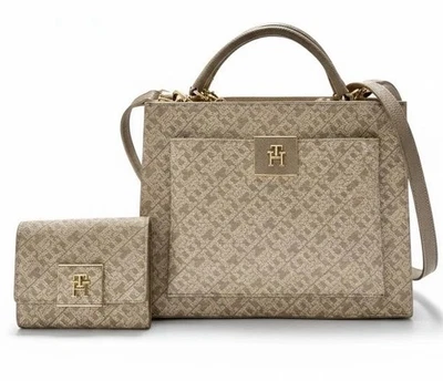 Tommy Hilfiger Small Coated Canvas Logo Beige Convertible Satchel w/ Wallet Set - Image 1 of 4