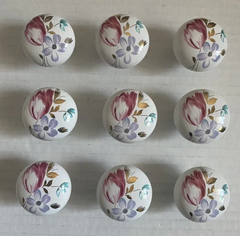 Lot Of 9 VTG 1985 Belwith Porcelain Hand Painted Floral Ceramic Knob Drawer Pull Cover