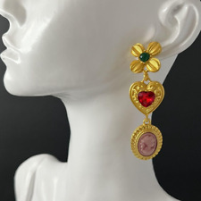 A Pair Cameo Dangle Earrings Matte Gold Tone Hearts Flowers Pink Red Pierced