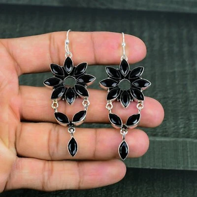 Black Spinel Gemstone Handmade 925 Sterling Silver Earrings Jewelry - Image 1 of 4