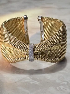 18k Yellow Gold Over Sterling silver mesh Popcorn Cuff Bangle Wide bracelet - Picture 1 of 11