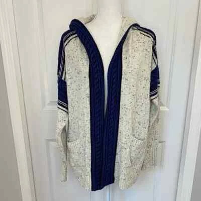 Sita Murt Cream Blue Black Hooded Knit Sweater Wool Alpaca Open Front Large Warm - Image 1 of 4