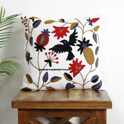 Indian Suzani Bird Embroidered Cushion Cover 16" Cotton Square Throw Pillow Case - Image 1 of 3