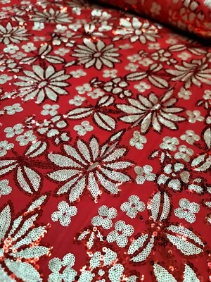 Fabric By The Yard Red Gold Sequin Floral Lace Embroidery Four Way Stretch Mesh  - Image 1 of 4