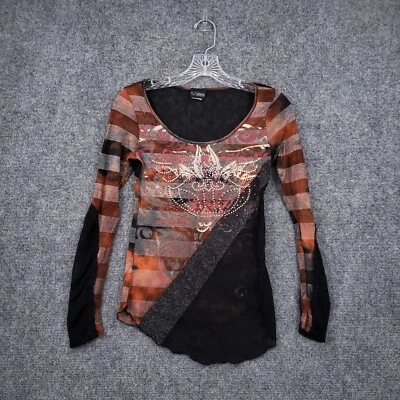 Daytrip Top Womens S Small Black Striped Lace Long Sleeve Sheer Goth Y2K - Image 1 of 4