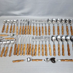 Set posate vintage in acciaio inox con manico in legno Old Homestead 12 set 47 pezzi Taiwan - Foto 1 di 15