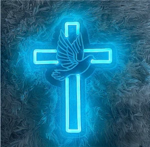 Insegna luminosa neon personalizzata chiesa croce blu colomba gesù pace - Foto 1 di 4