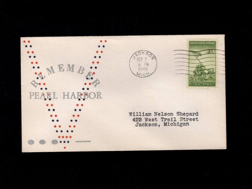 WWII Patriotic Remember Pearl Harbor VJ DAY Jackson MI Sep 2 1945 Cover 5o - Image 1 of 1
