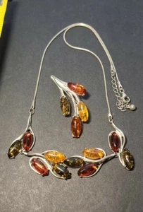 vtg sterling silver & baltic amber Charmed necklace 18" + Matching Brooch/ Charm - Picture 1 of 12