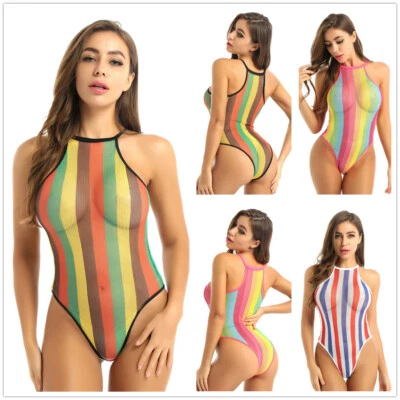 Damen Badeanzug Transparent Steifen Body Bodysuit Einteiler Bademode Clubwear - Bild 1 von 2