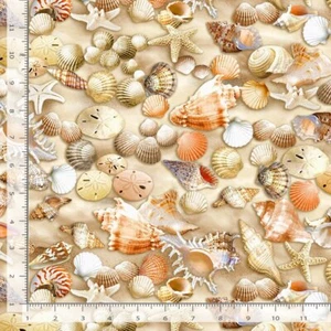 Nautical Fabric | Seashell Sand Dollar Starfish Beige | Timeless Treasures YARD - Picture 1 of 1