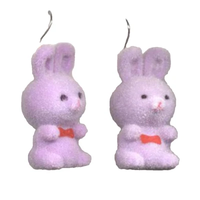 Big Retro FUZZY BUNNY Funky EARRINGS Mini Easter Rabbit Toy Charm Jewelry-PURPLE - Изображение 1 из 2
