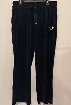 NWT True Religion Women's Velour Drawstring Straight Leg Black Pants Size L $109 - Image 1 of 2