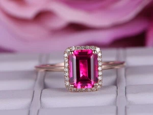 2.20 Ct Emerald Cut Natural Ruby Diamond Ring Wedding 14K Rose Gold size7 - Picture 1 of 6
