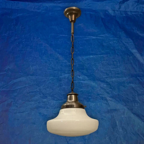 37” Long Antique Brass Pendant Light Fixture Huge 14” Wide Milk White Globe *** Cover