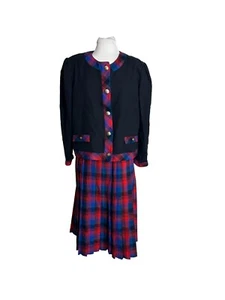 Vtg MGM Womens Size 14 Suit Black Tartan Plaid Skirt Pink Blue Pleated Secretary - Picture 1 of 13