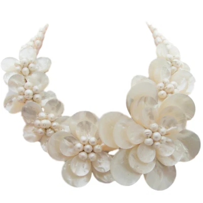 3Strds Freshwater White Pearl Shell Flower Statement Necklace 24 - Image 1 of 4