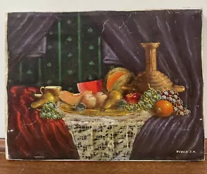 Fantastic Stretched Oil Painting Signed Viola J.K. Antique Still Life Table Set. - Picture 1 of 8
