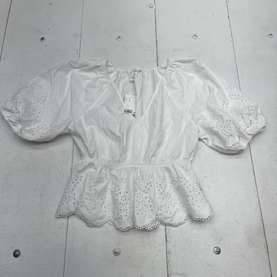 H&M Blouse Womens Medium White Eyelet Peplum Puff Sleeve V Neck Scallop Hem Boho - Image 1 of 4