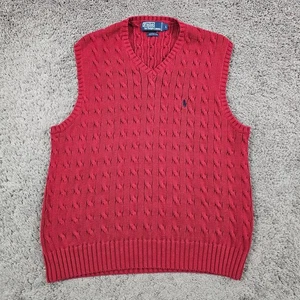 Polo Ralph Lauren Suéter Para Hombres Grande Rojo Chaleco Tejido con Cable Algodón Preppy Azul Poni - Imagen 1 de 9