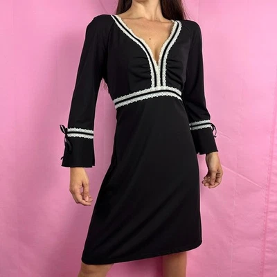 Moda International Black Goth Coquette Dress White Lace Bell Sleeves Sz Med - Image 1 of 4