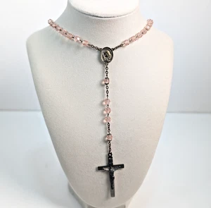Pink Glass Bead Silver Tone Prayer Rosary 1960s Made in Italy Religious Catholic - Picture 1 of 9
