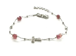BRACCIALE ARGENTO 925 CON TORMALINA ROSA SFACCETTATO E CROCE TAU 18 - 20 CM - Imagen 1 de 4