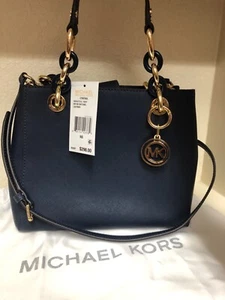 Michael Kors Cynthia SM Saffiano Leather Satchel Navy New with Tags - Picture 1 of 10