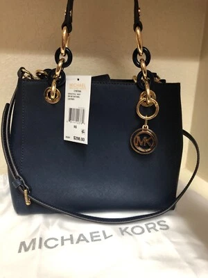 Michael Kors Cynthia SM Saffiano Leather Satchel Navy New with Tags Foto 1 de 4