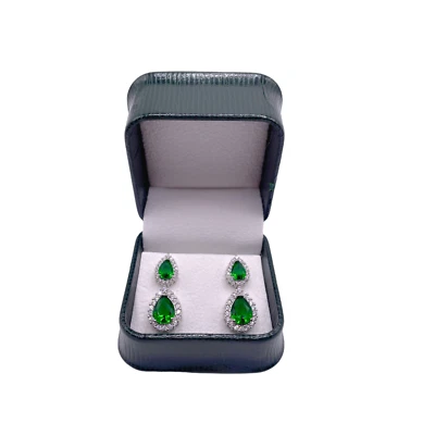 WHITE GOLD FINISH Green Emerald Created Diamond Pear Cut Stud Dangle Earrings - Image 1 of 4