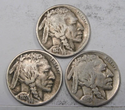 All 3 mints 1927 BUFFALO Nickels.  P-D-S. All F/VF. - Image 1 of 4